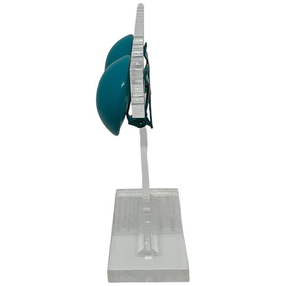 Vintage Teal Button Clip-On Earrings, Round Metal Statement Accessories - Picture 3 of 8